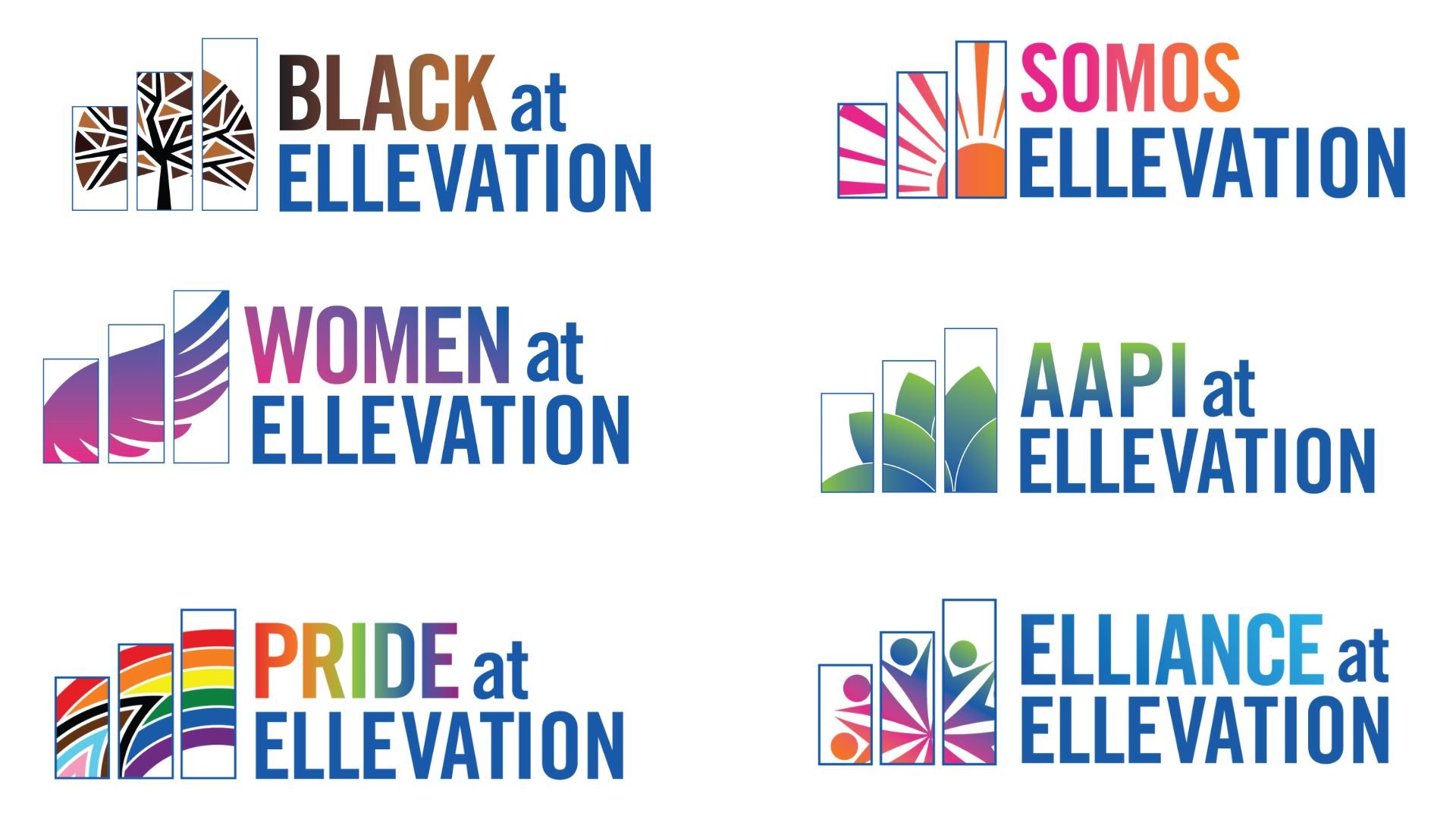 Logos of the five Ellevation Education ERGs and ELLiance, the internal DEI programming group.