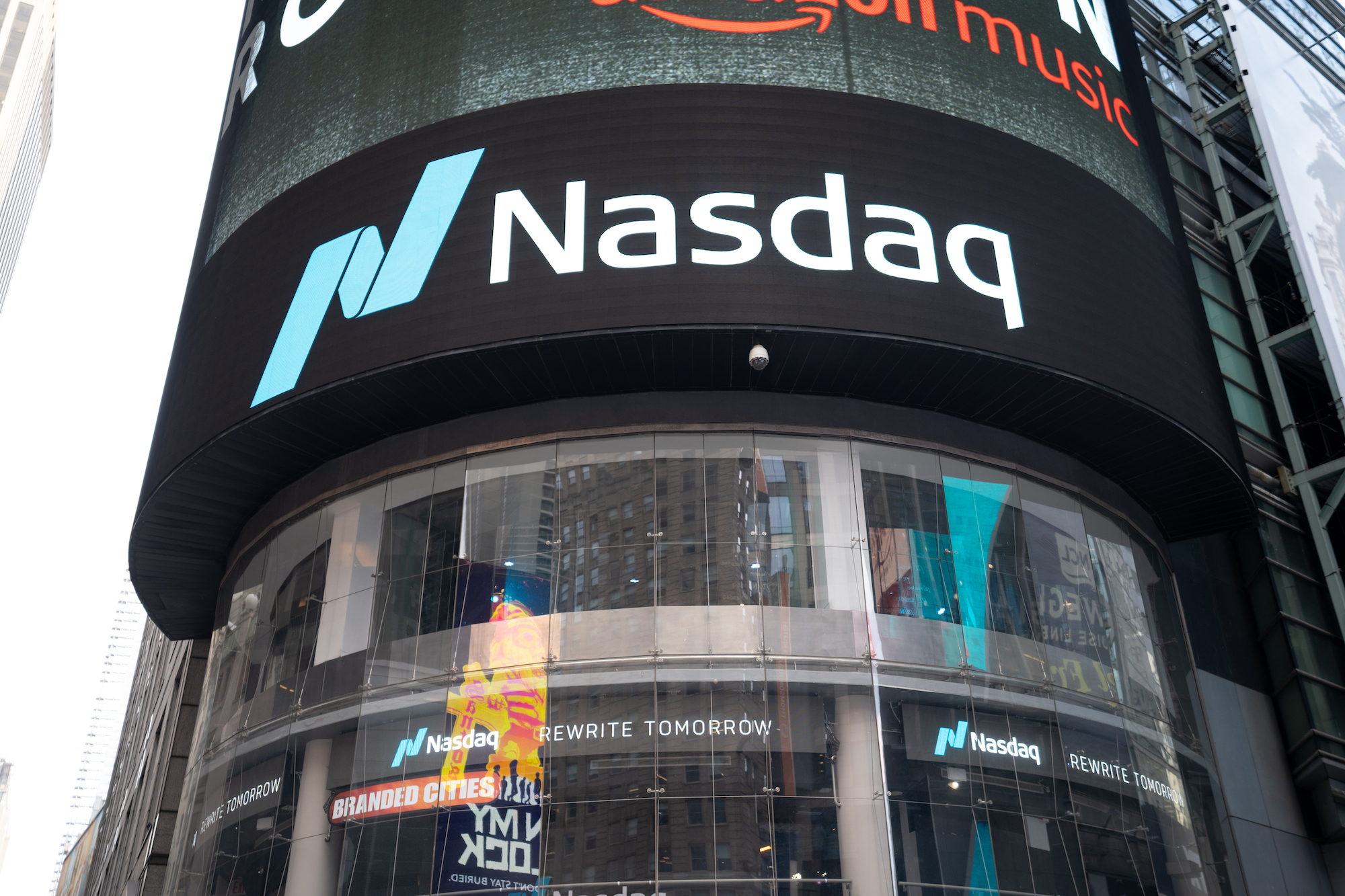 An exterior photo of the NASDAQ building in New York.